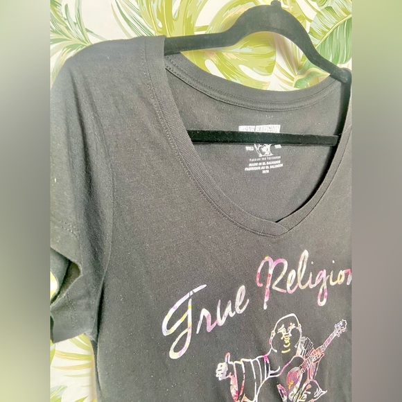 Women’s True Religion V Neck Tee Shirt Happy Buddha Guitar Graphic‎ Size Medium - Picture 3 of 6